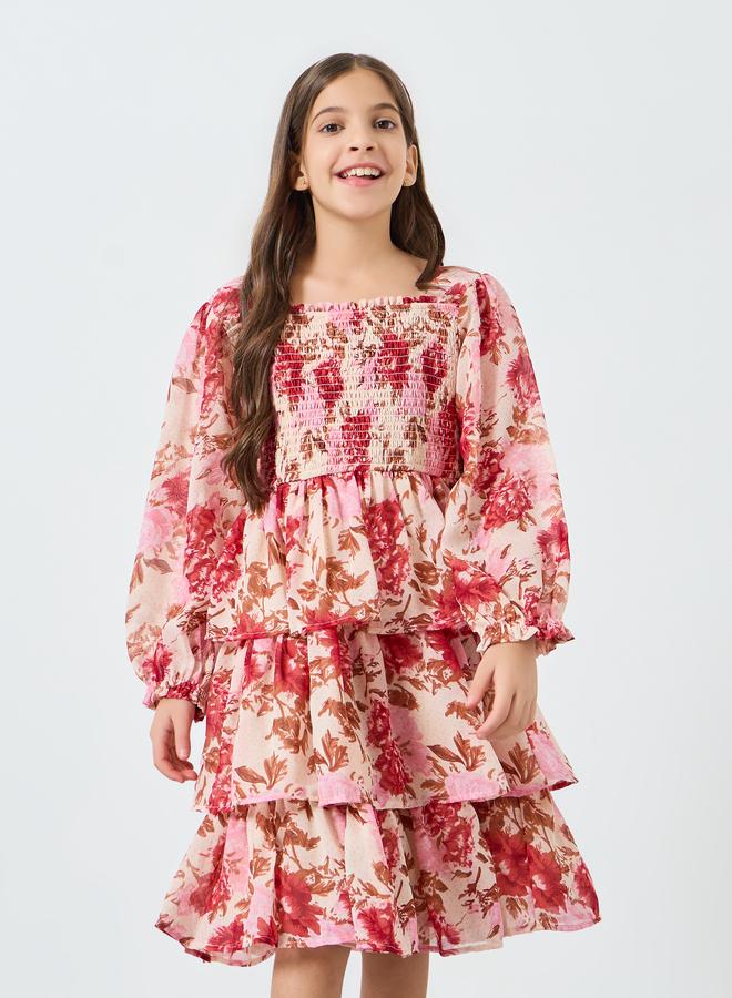 Styli Girls Pink Floral Print Smocked Tiered Dress - Image 2
